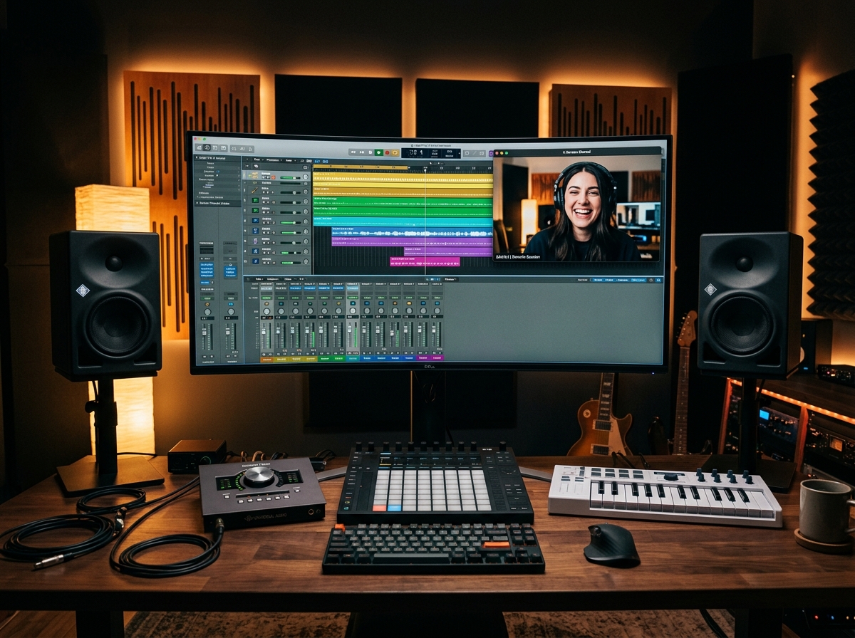 Studio workstation showing DAW screen share and live video conference with collaborator