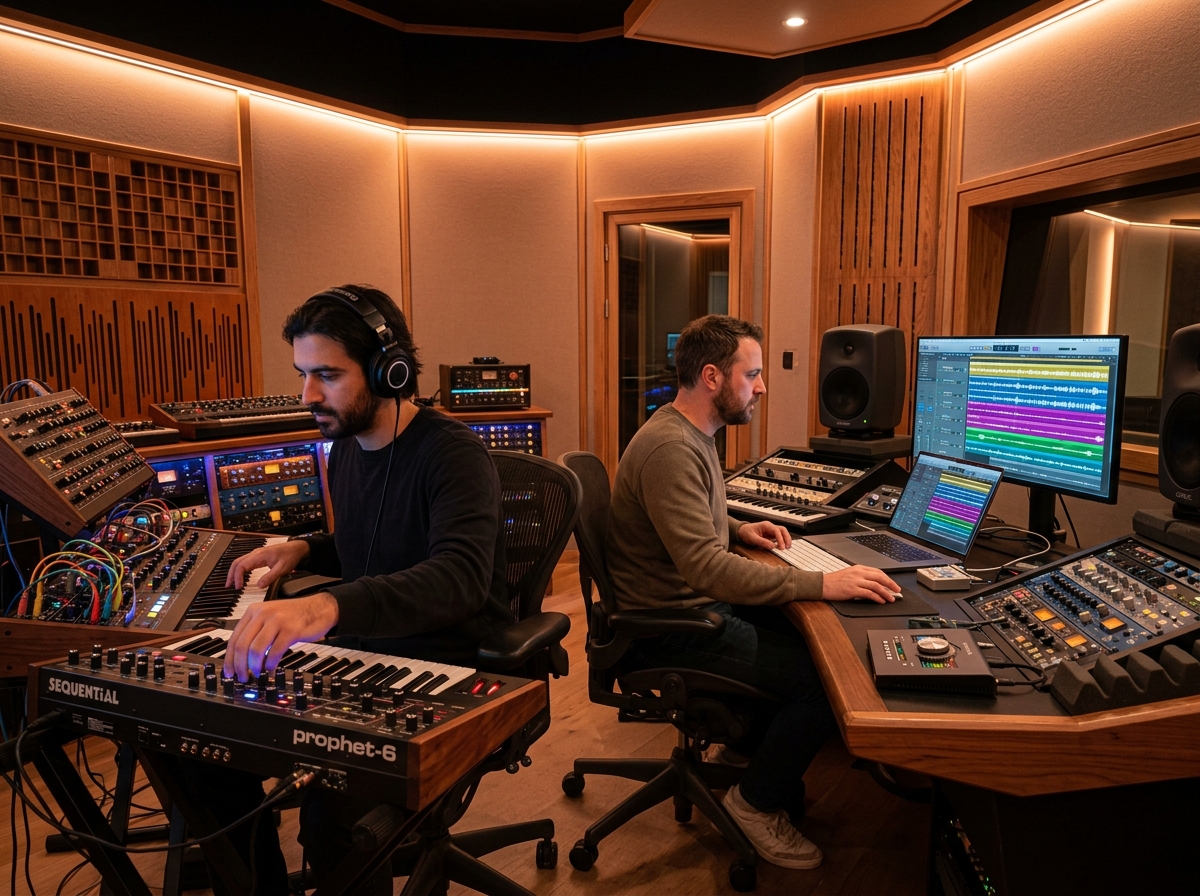 Two music producers collaborating in a modern studio with synthesizers and a DAW