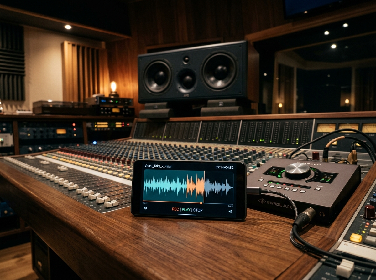 Smartphone resting on an audio mixing console displaying live waveform player beside studio monitors