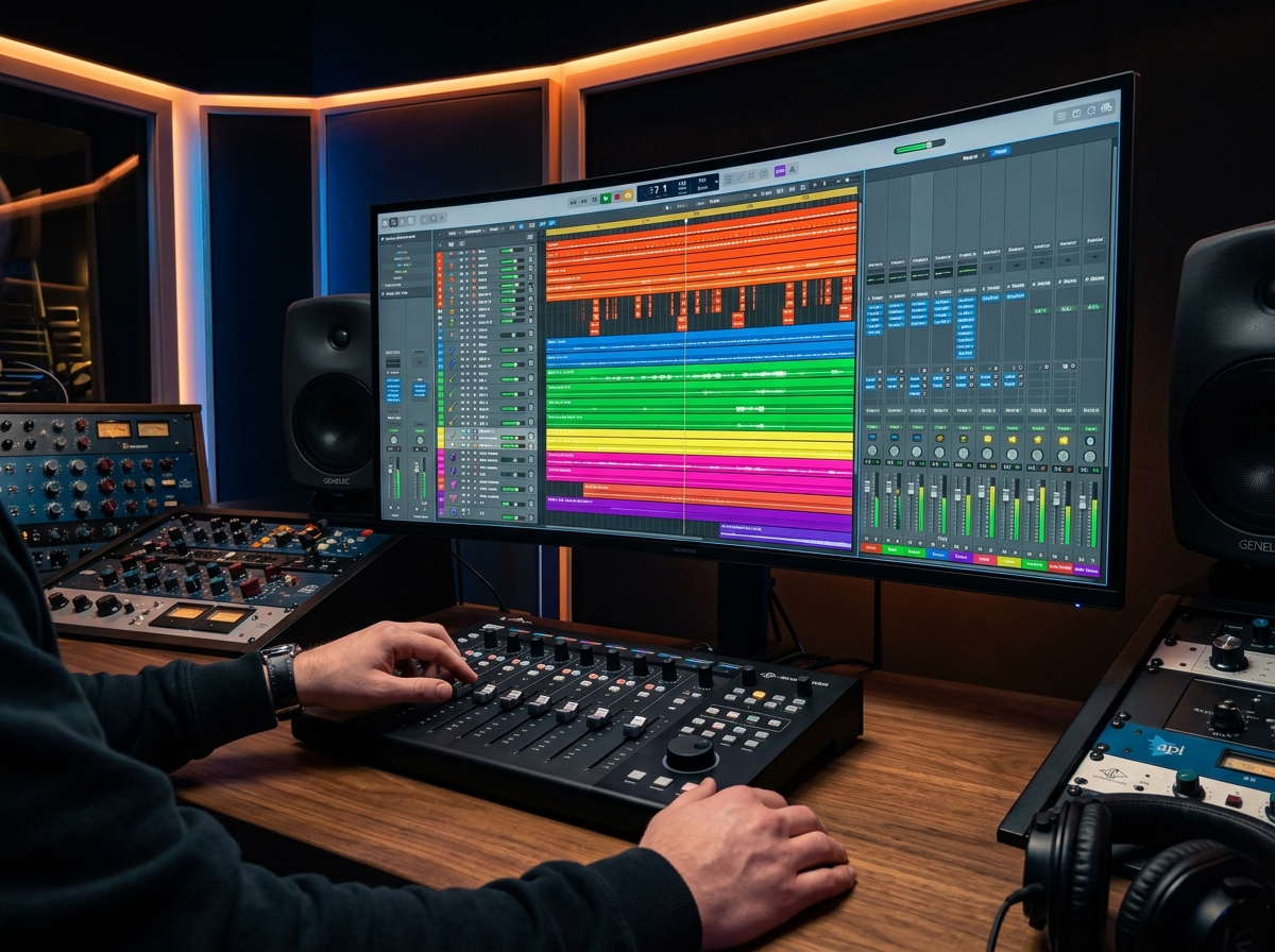 DAW multitrack mixing console on ultra-wide monitor with multiple channel meters