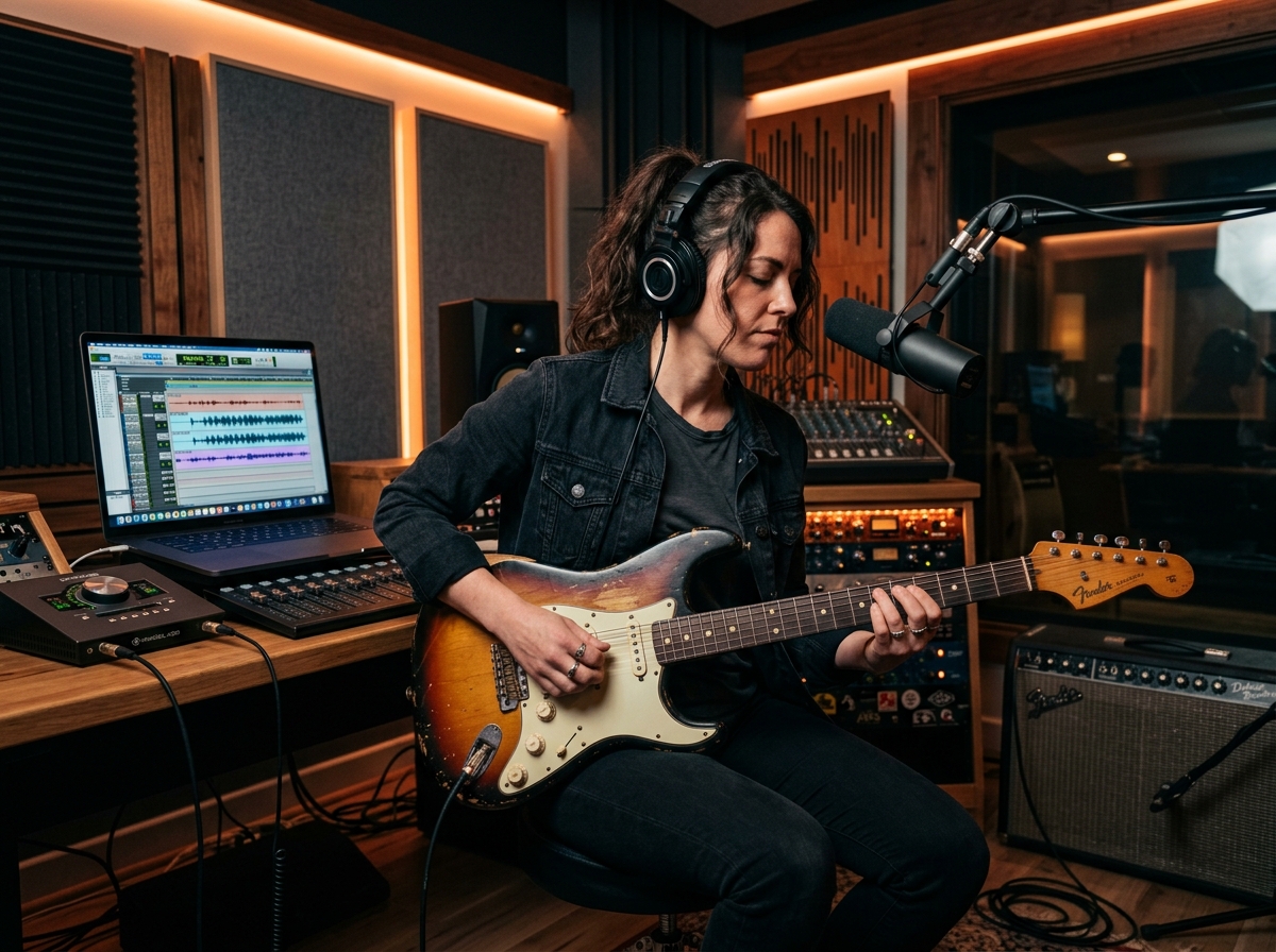 Musician tracking an electric guitar overdub live with headphones in a recording studio