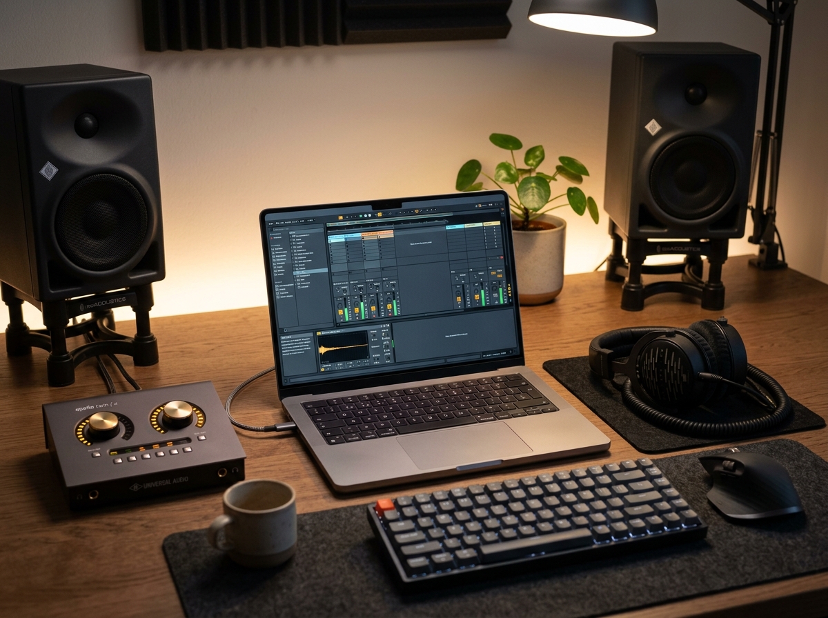 Minimalist studio desk with laptop and desktop audio interface operating Kormix standalone