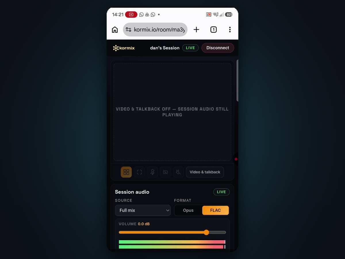 A phone browser open on a Kormix room link, connected to the session with the program mix streaming as lossless FLAC