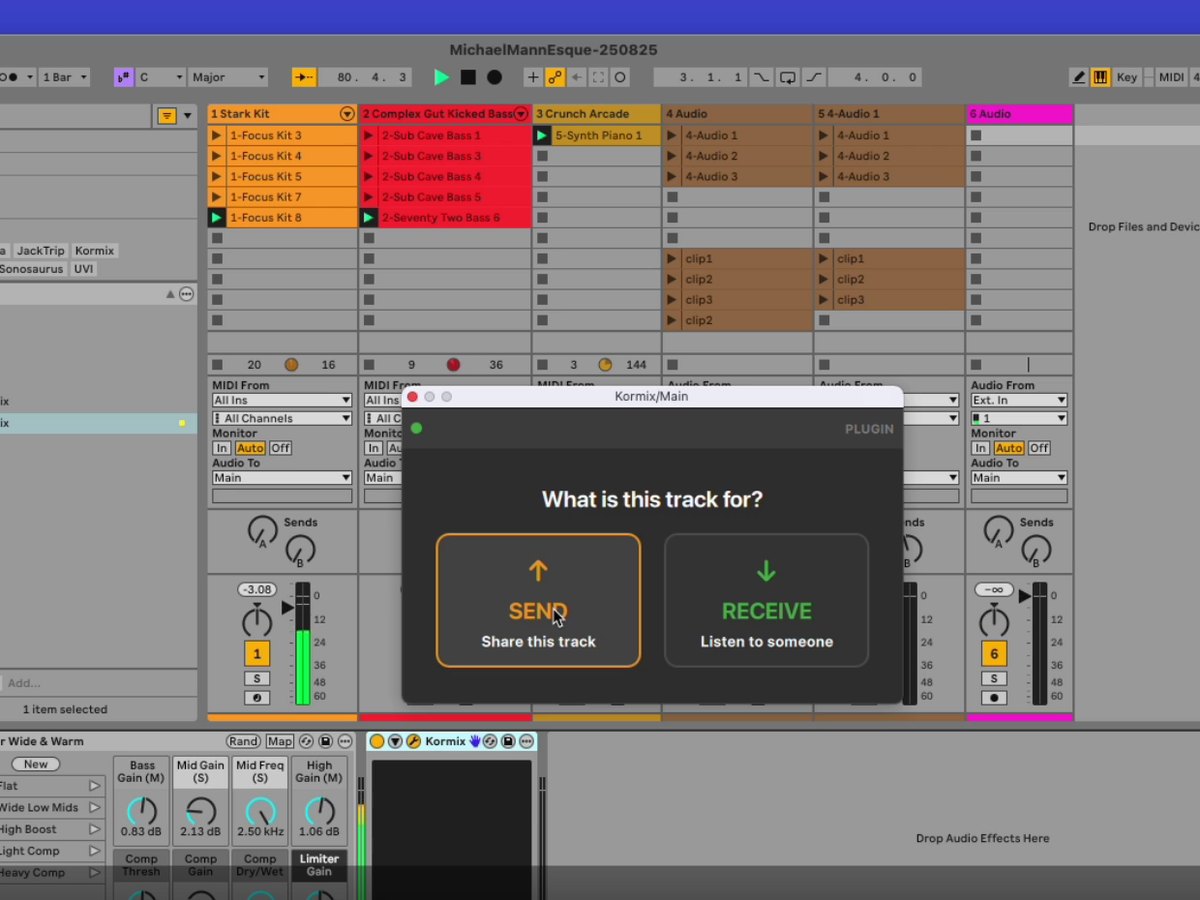 The Kormix plugin open on a track in Ableton Live, asking "What is this track for?" with Send and Receive as the two choices